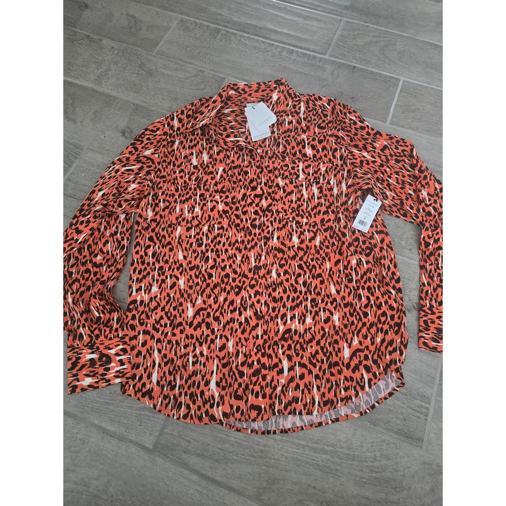 Equipment Femme Signature Leopard Button Down Shirt Women Medium Flamingo Orange